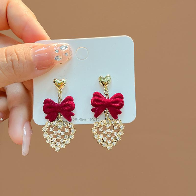 2024 Autumn/Winter Collection Red Bow & Flower Heart Stud Earrings with Silver Needle