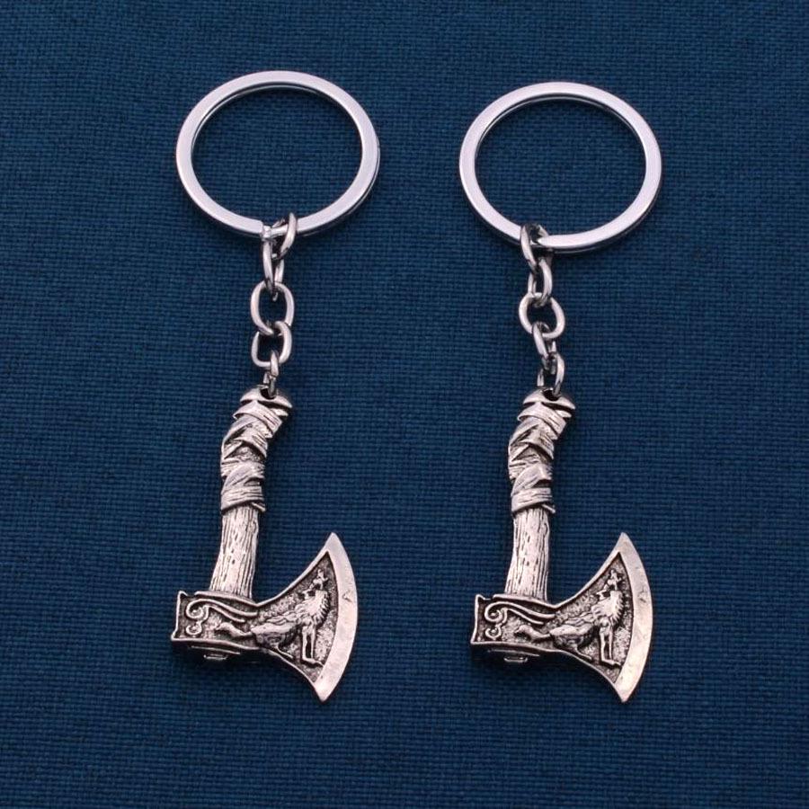 Viking Celtic Wolf & Raven Axe Rune Charm Keychain - Nordic Men's Pendant Ornament