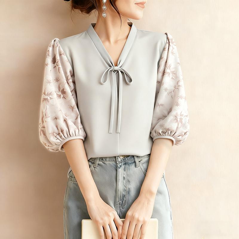 ZANZEA Women Casual V-Neck Loose Print Splice Half Sleeve Blouse