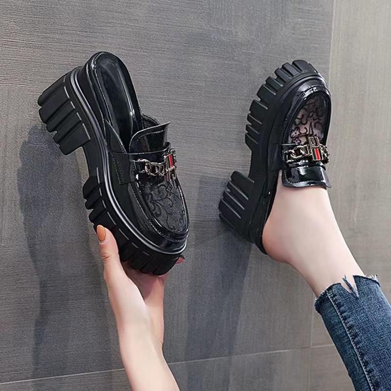 Baotou Half Slippers Women's Outer Wear Height Increase Summer 2025 New Internet Celebrity Inner Height Increase Mesh Breathable Sandals Women's Shoes