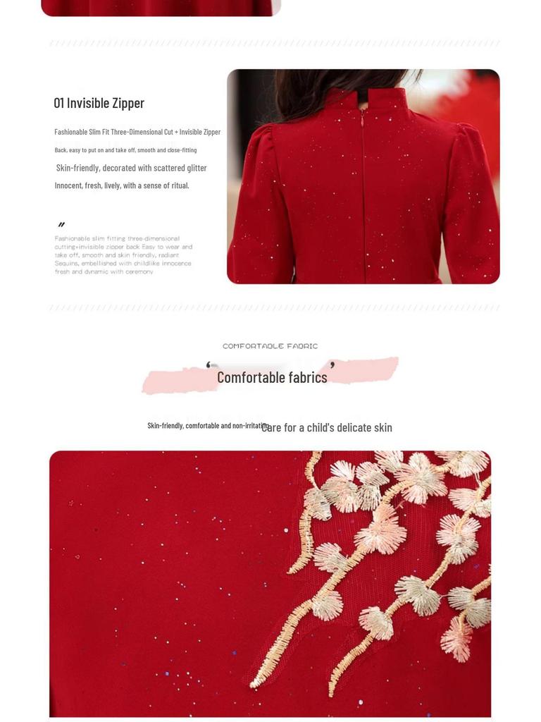 Fashionable Red New Year Princess Dress for Girls, Medium-Large, Autumn/Winter Lady-like Style