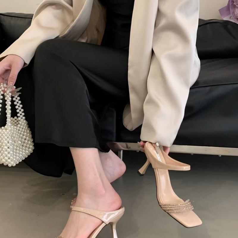 Beautiful High-heeled Fashionable Temperament Square-headed Open-toed Slippers for Women's Summer Wear with Skirts, Rhinestone Cool Slippers for Women