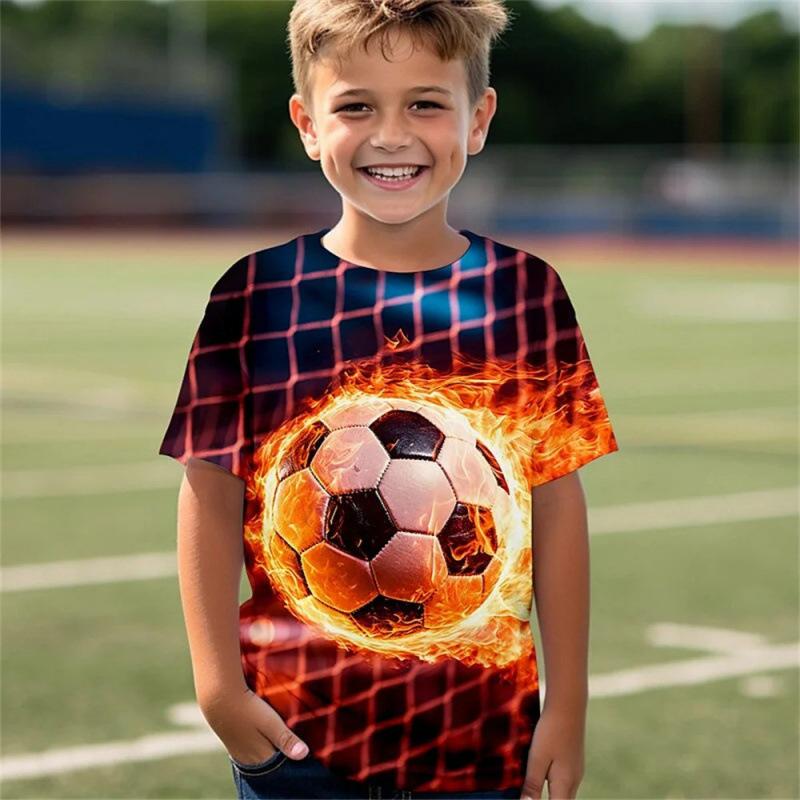 Summer Round Neck Football Pattern 3D Printed Top Fashionable Casual Short Sleeved Children's Boy T-shirts