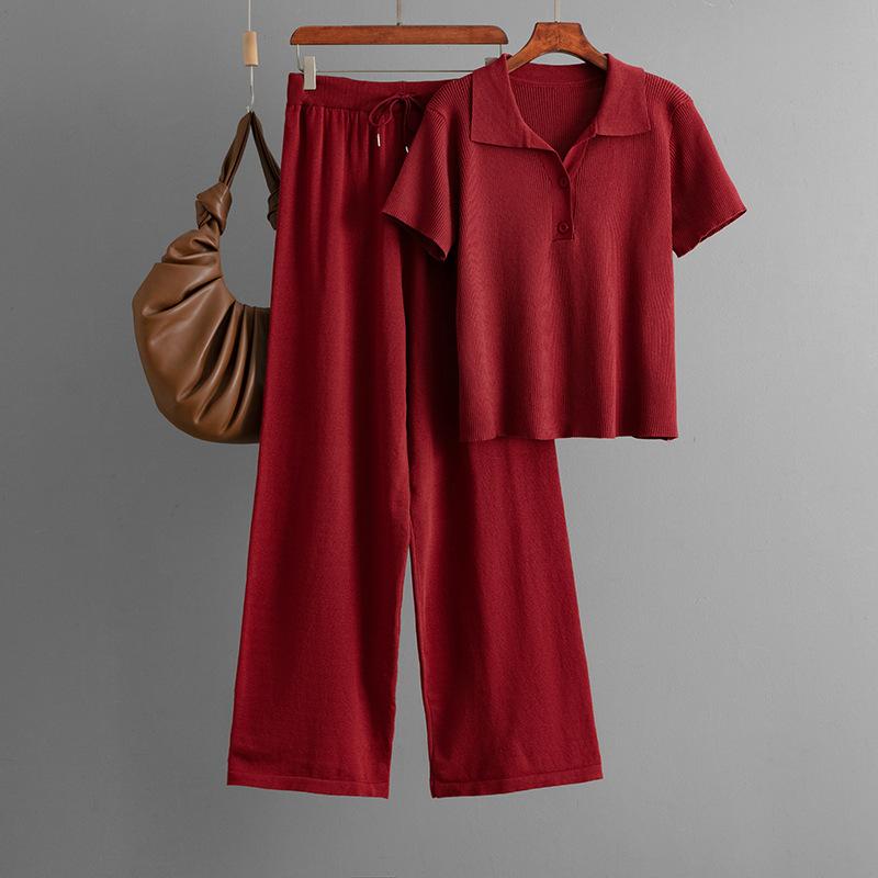 Olo Collar Ice Silk Knitted Fashion Suit Women's Summer New Temperament Button-shirt + Casual Pants Two-piece Set