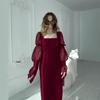 2025 Summer Elegant Square Neck Flare Sleeve Waist-Cinching Slim Dress for Women
