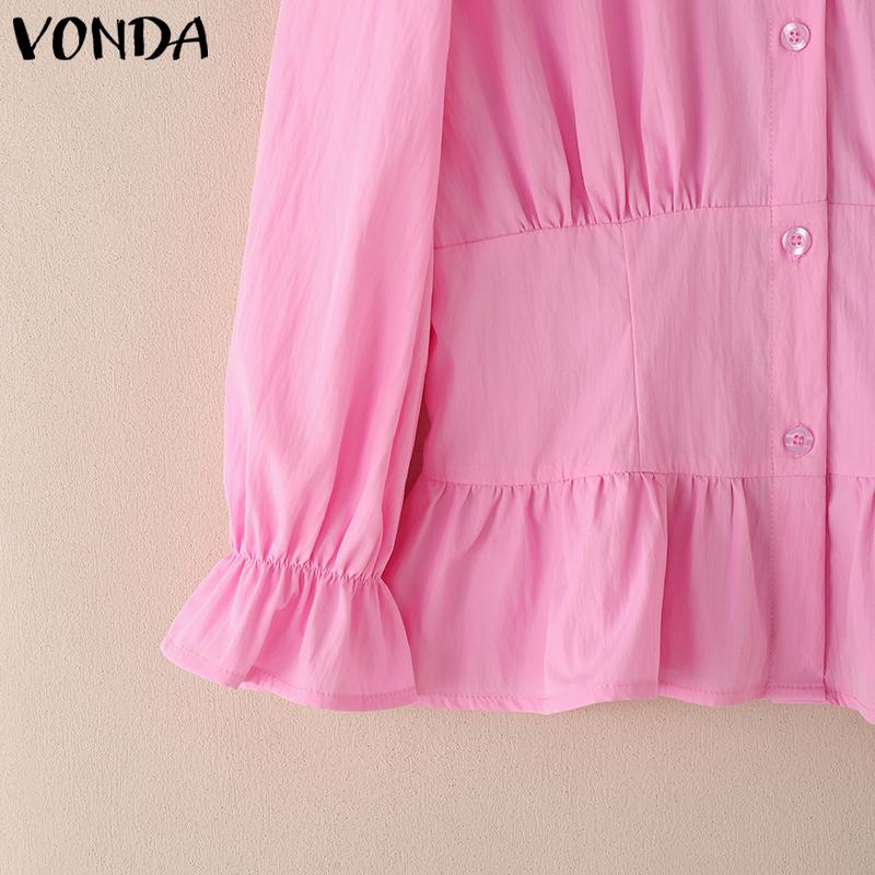VONDA Women Elegant Lapel Neck Puff 3/4 Sleeve Button Ruffled Slim Waist Casual Blouse
