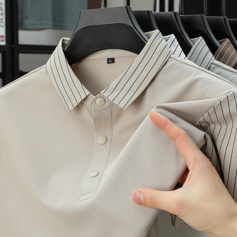 Men's White Polo Shirt with Striped Collar Detail