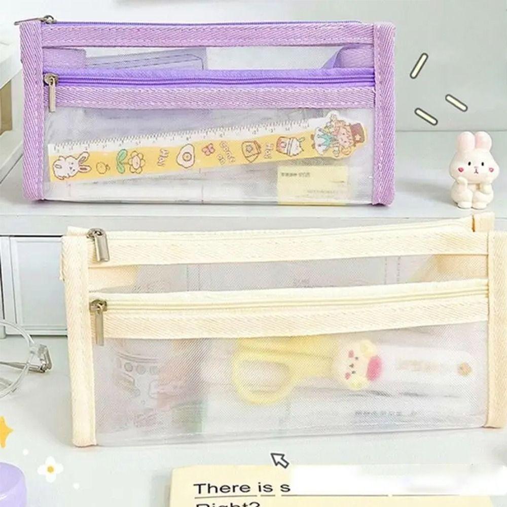 School Supplies Large Capacity Pencilcase Mesh Solid Color Pencil Bag Small Fresh Pencil Bag