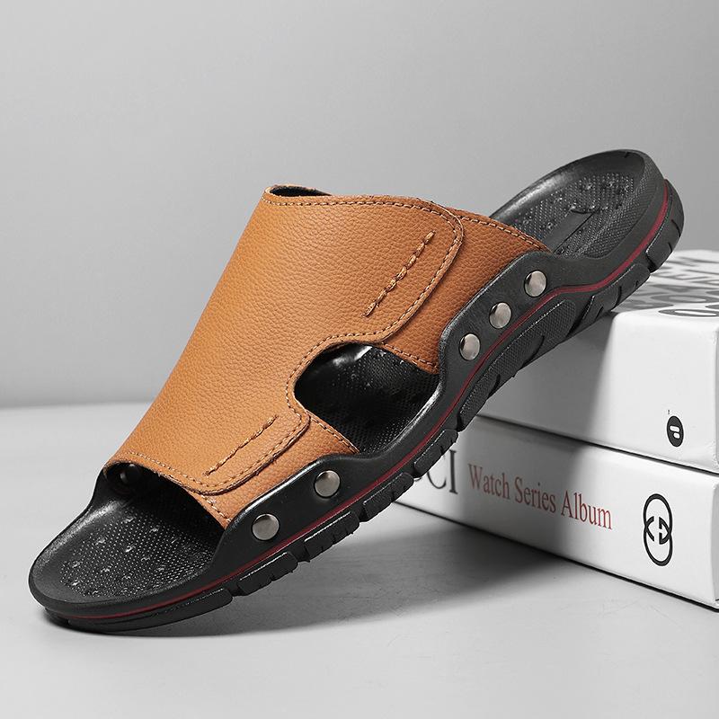 Foreign trade large-size slippers men's summer new trendy men's cool leather casual wear one-word beach shoes