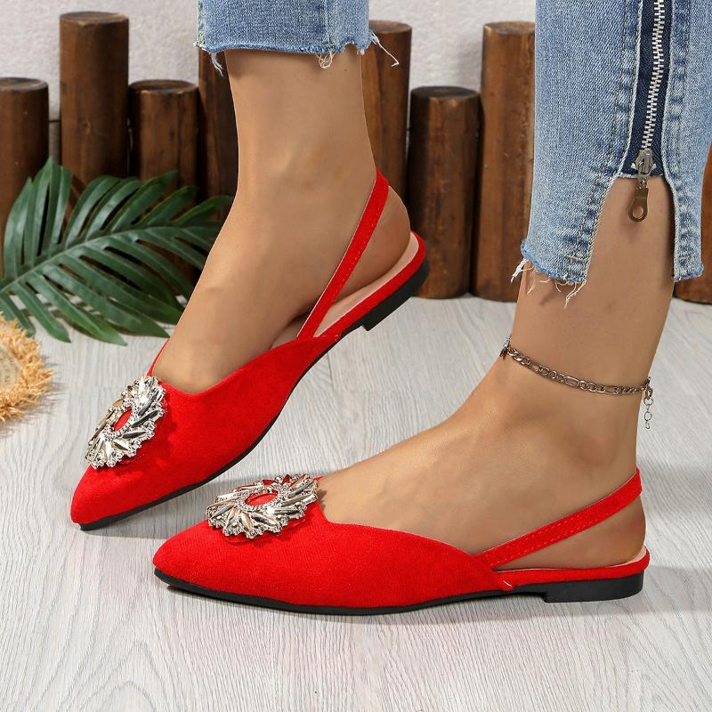 Mode Damen Luxus Perle Kristall Schnalle Flock Flats Spitzschuh Dough Shoes Schwammige Innensohle für zarte Füße Bequemes Gehen Slipper