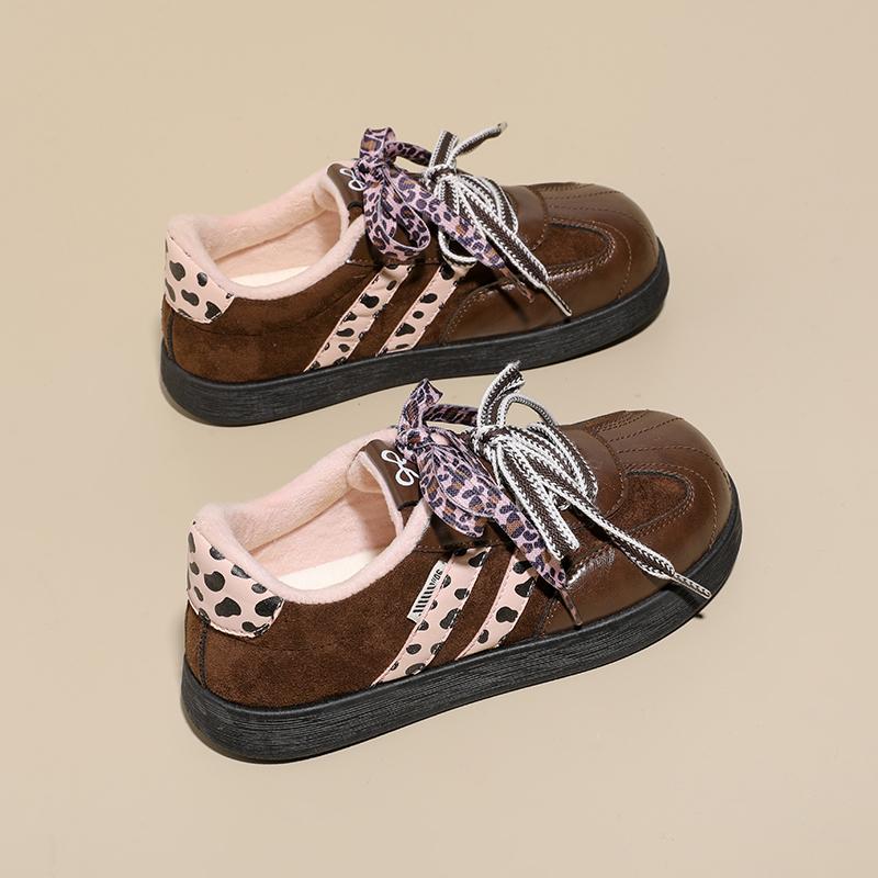 Plush Collar Women Chunky Sneakers Leopard Ribbon Lace Up Speckled Heel Panel Warm Casual Shoes
