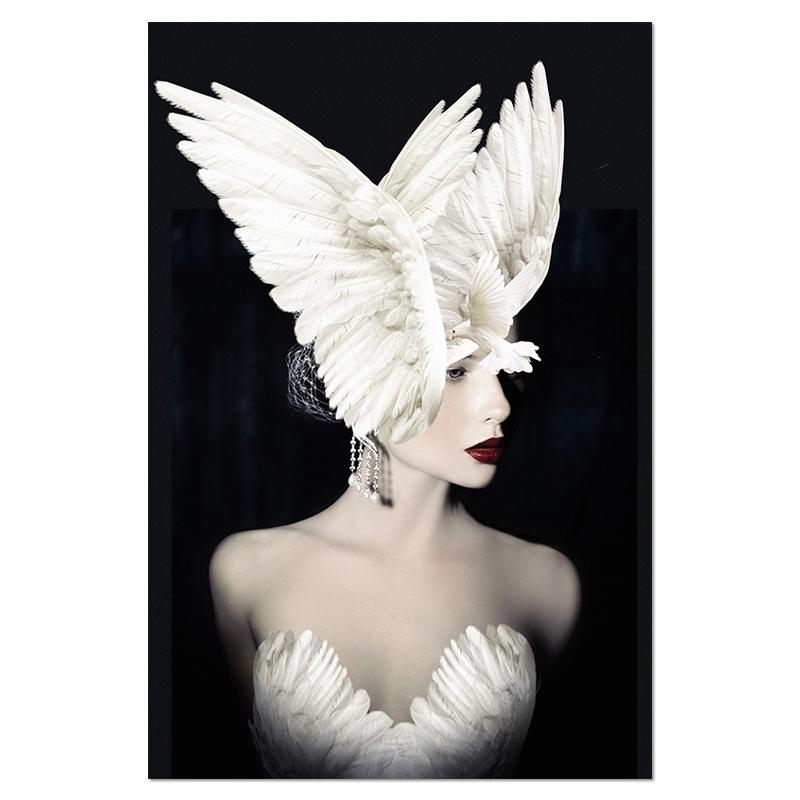 Nero Bianco Moda Donna Ali di piccione Cappello Astratta Tela Poster Stampa Stile nordico Pittura Immagine Moderna Home Decor