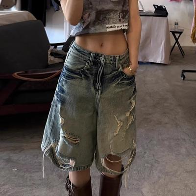 Shorts di Jeans a Vita Alta Larghi da Donna Baggy Usurati Strappati Non Elasticizzati Vintage Americano Streetwear Estivi a 5 Punti Casual
