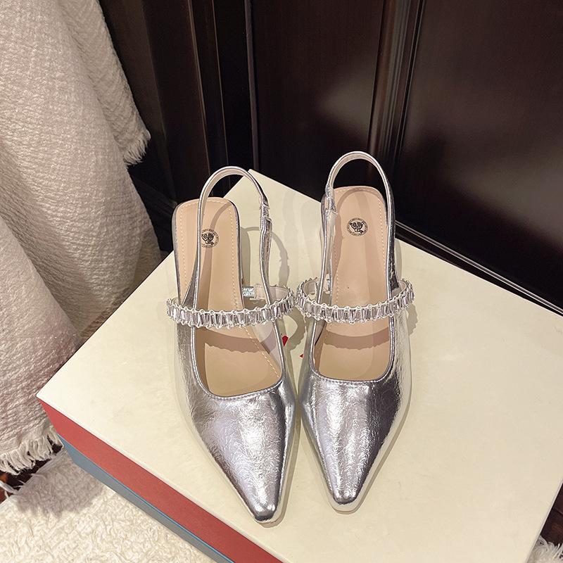 French bag head rhinestone word with sandals women's medium thick heel 2025 new pointed empty single shoes Mary Jane sandals