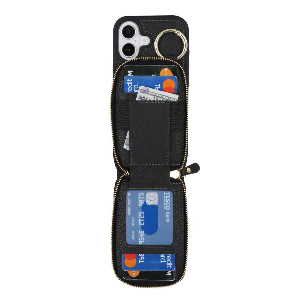 For iPhone 17 Case with Zipper Pouch / Ring Kickstand / Strap Litchi Texture PU + TPU Phone Cover