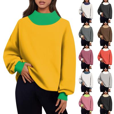 Women's Fashion Color Block Long Sleeve Loose Slit Half Turtleneck Sweatshirt Top