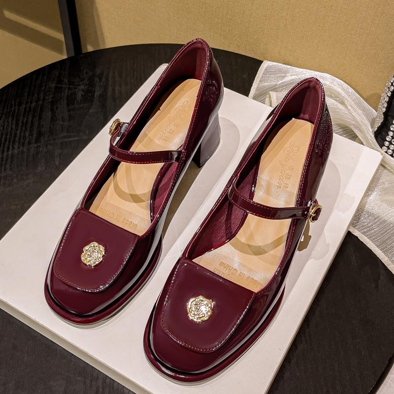 Mary Jane Shoes Women's Word with High Heels Thick Heel 2025 New Spring and Autumn Light Mouth Burgundy Single Shoes Women's Middle Heel
