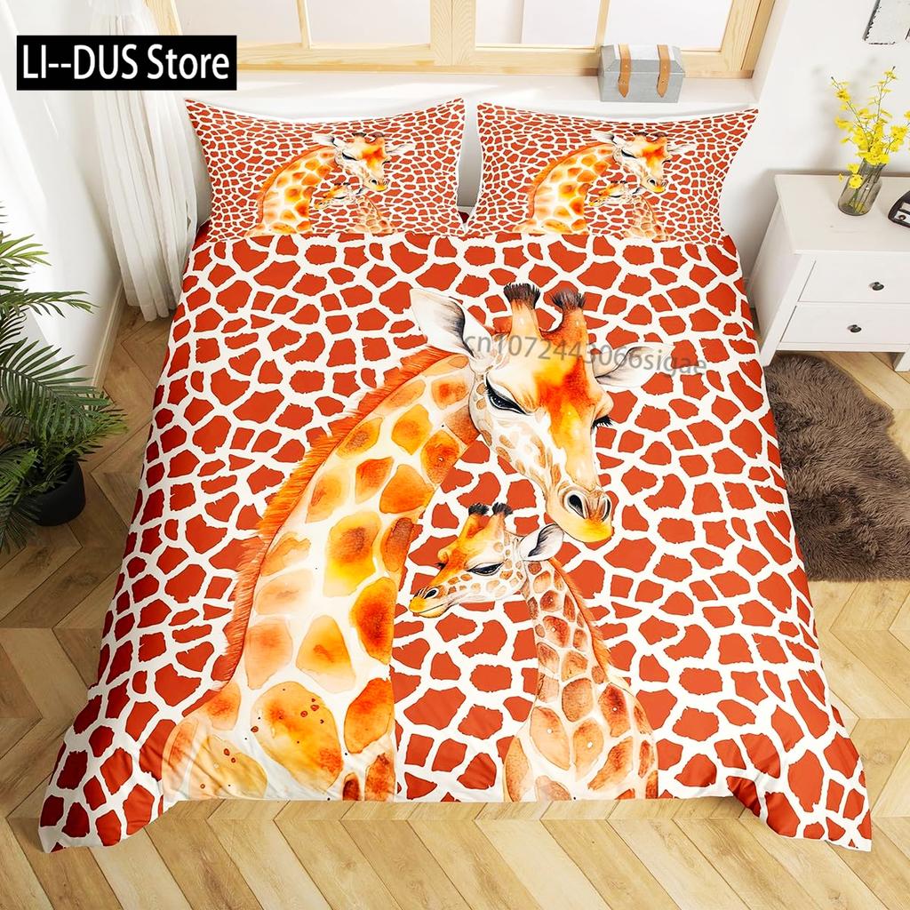 Cute Giraffe Bedding Set Full Size 3pcs with 1 Duvet Cover 2 Pillowcases Animal Bedding Set for Kids Boys Girls Room Decoration