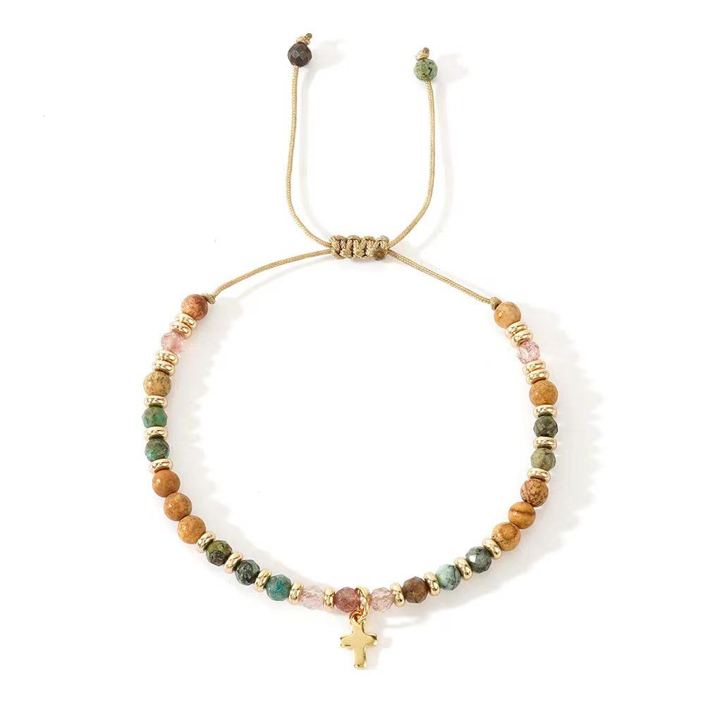 European Style Semi-Precious Stone Bracelet with Gold Bead Spacers and Cross Pendant