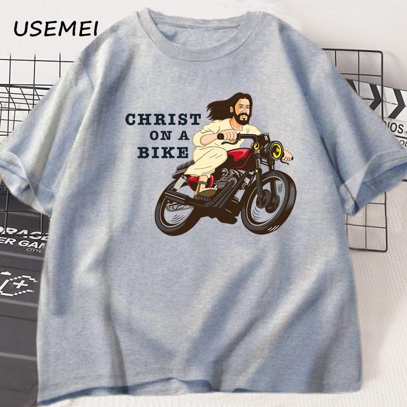 Christ auf einem Motorrad T-Shirt Lustig Religiös Herr Jesus Kirchengruppe Ostern T-Shirt Unisex Damen Baumwolle Kurzarm T-Shirt