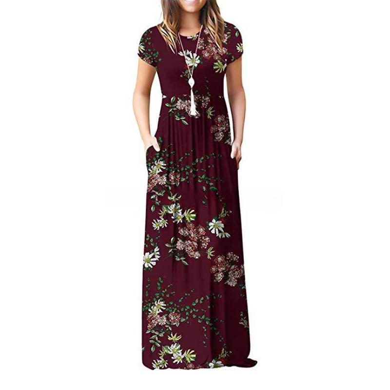 Women's Fashion Summer Spring Flower Pattern Print Short Sleeve O-Neck Casual Dresses