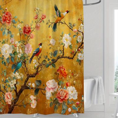 Shower Curtain: Elegant Birds and Blooming Flowers On a Golden Background for a Luxurious and Nature-Inspired Bathroom Decor