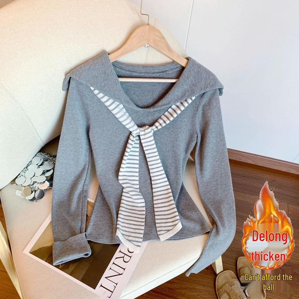 Korean Style Drop Shoulder Naval Collar Long Sleeve Top for Women, Slim Fit Flowy Ribbon Design, Perfect for Spring/Autumn.