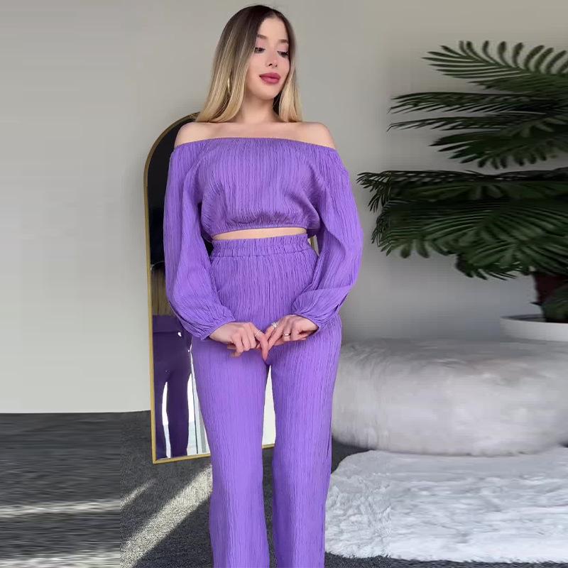 

Autumn 2024 European & American Women s Solid Off-Shoulder Crop Top with Casual Long Pants Set. L фиолетовый