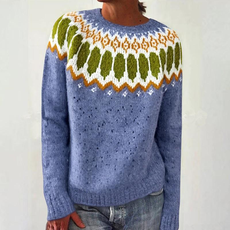 Womens Round Neck Colorblock Loose Knit Sweater Street Style Casual Pullover With Geometric