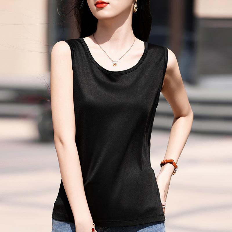 

Топ-майка на бретелях с U-образным вырезом для женского нижнего белья, летний новый дизайн, черный атлас с уксусной кислотой, без рукавов, базовая футболка XXXL