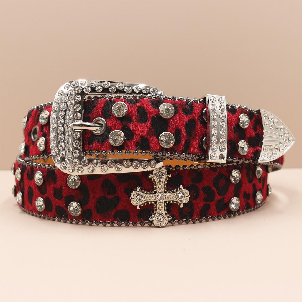 Cross Belt Leopard Print Western Rhinestone Belt Personalized Denim Woman Rivet Jeans Belt