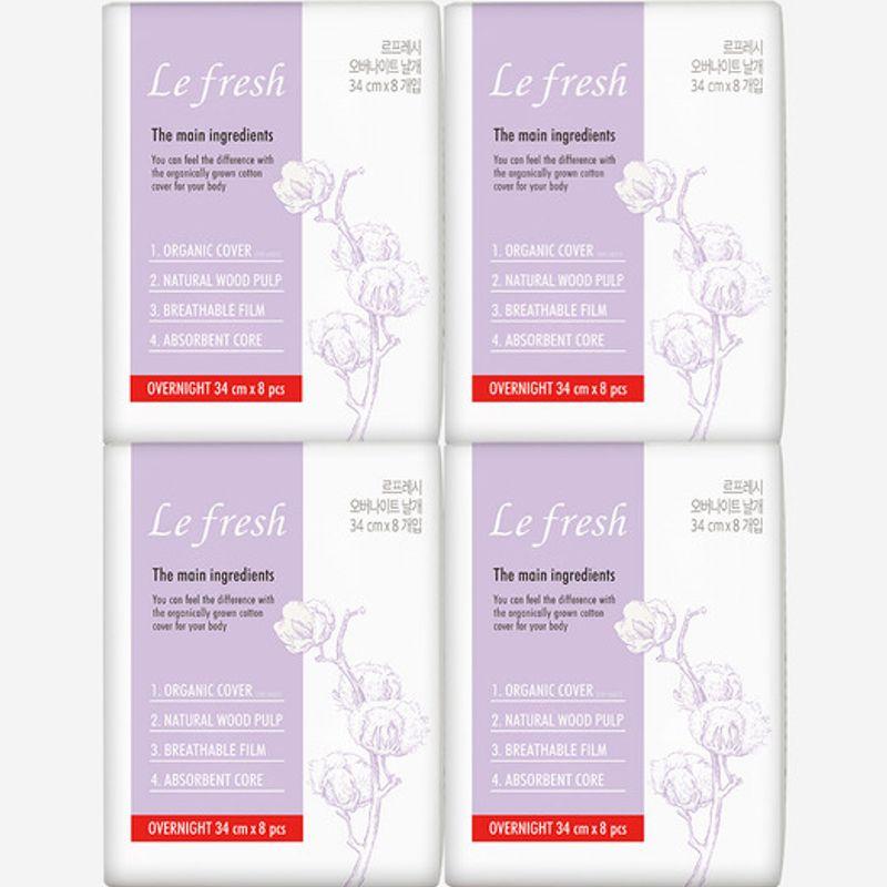 Lefresh Organic 100% Cotton Cover Vegan Sanitary Pads Overnight 4 Pack (32 Sheets) Overnight 8 sheets X 4 packs