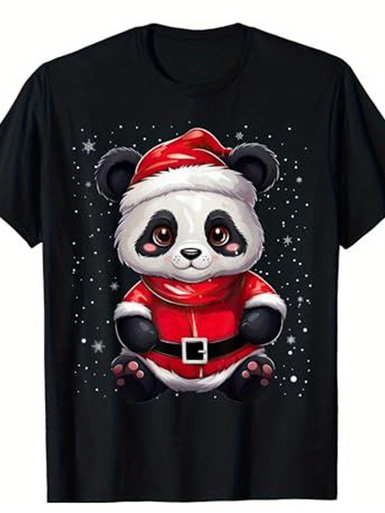 MenS Funny Christmas Panda Santa Graphic TShirt  Black Soft Crew Neck Short Sleeve Tee with Cute Panda in Santa Hat  Candy S
