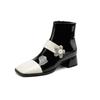 Fashion Women's New Autumn Dong Diamond Pearl Flower Color Block Leather Mid Heel Extra Large Calf Zipper Chelsea Short Boots