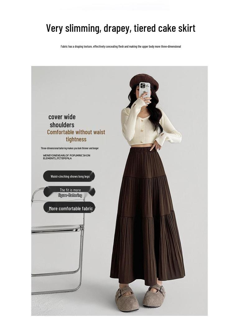 Korean Style Woolen Pleated A-line Skirt: High Waist, Hip-Covering, Draped Half Skirt for Women, Autumn/Winter Fashion.