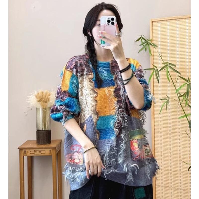 

Осенние свитера больших размеров, пуловеры для женщин, кисточки, цветочные узоры, свитера, вязаные свободные свитера One Size