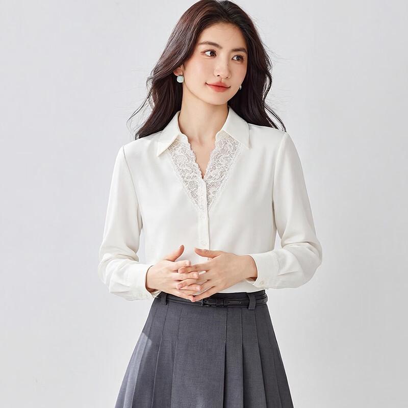 Zuose Lace Trim V-Neck Long-Sleeve Blouse