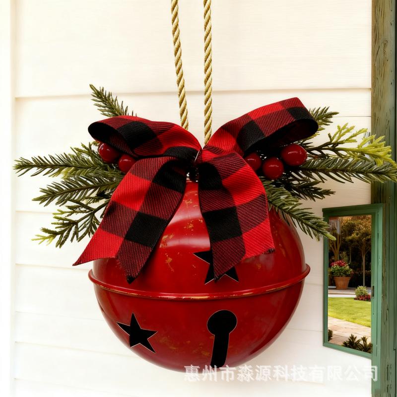 Christmas Bells Ornament Rustic Christmas Jingle Bell with Pine Needles Red Berries And Plaid Bow for Holiday Door