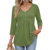 Womens 3/4 Sleeve V Neck Button Detail Solid Color Tunic Top Casual Loose Fit Blouse with Pockets