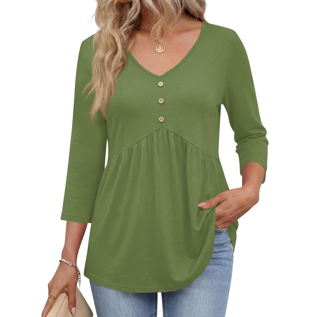 Womens 3/4 Sleeve V Neck Button Detail Solid Color Tunic Top Casual Loose Fit Blouse with Pockets