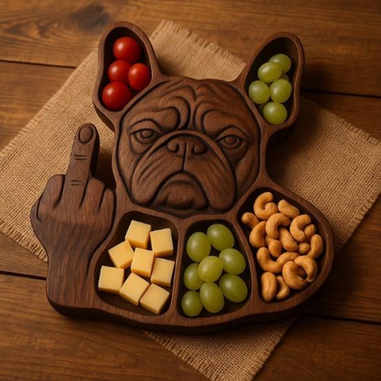 Zásobník na svačinu Bulldog se středním prstem 5 přihrádek Dřevěný servírovací podnos Zásobník na sýr, předkrmy a jídlo Prkénko na charcuterie Dárek pro milovníka psů