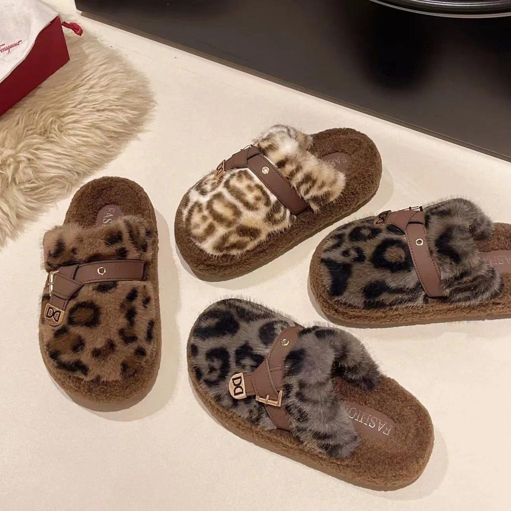 Leopard Print Fluffy Slippers Women's Winter Indoor Home Velvet Warm New Bag Head Thick Bottom Cotton Slippers Outer Wear