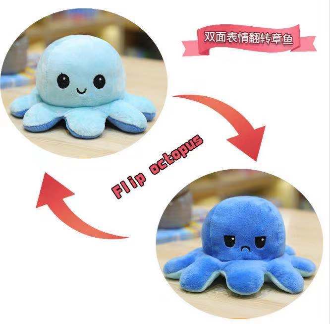 Cute flipping little octopus plush toy with changing face and expression, double-sided octopus aquarium souvenir