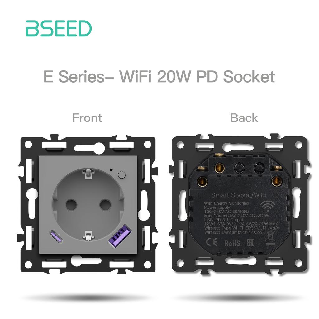BSEED WIFI Click Switch Modules Smart Light Switch Parts White Glass Frame DIY Combination Wall Sockets USB Charge Key E-Series