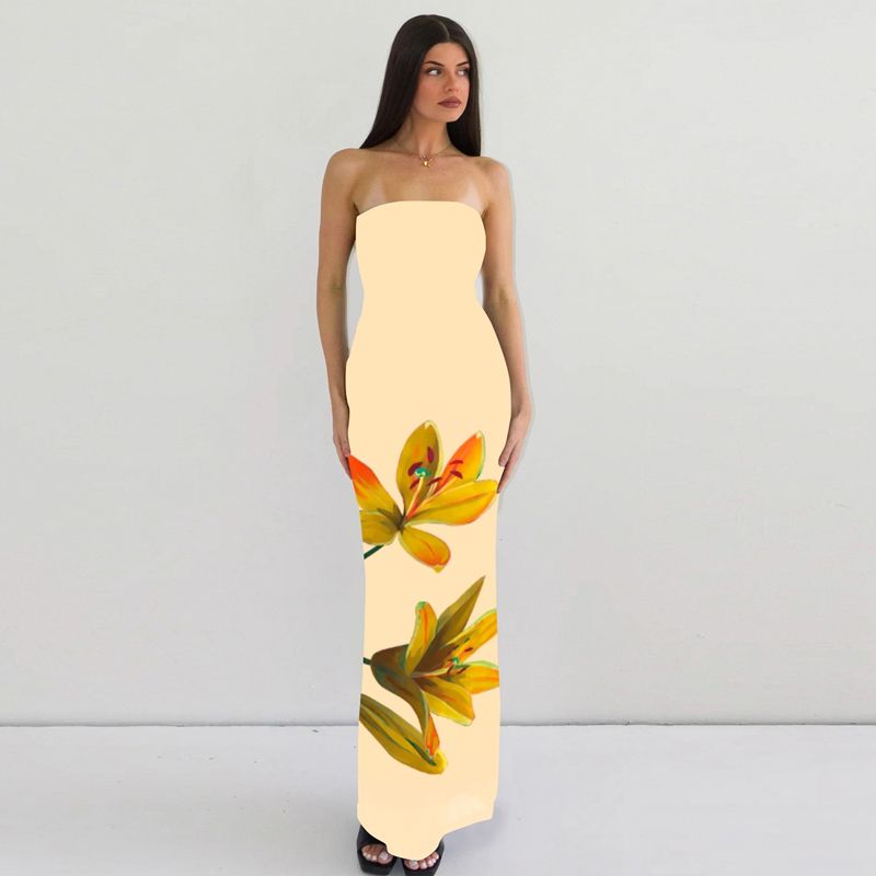 

Fashion Ins Fashion Flower Print Tube Top Dress 2024 Summer New Arrival Sexy Silm Sheath Dress for Women Light yellow XS