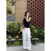 White cotton-linen wide-leg pants for women, 2026 spring-summer casual high-waisted drapey relaxed trousers