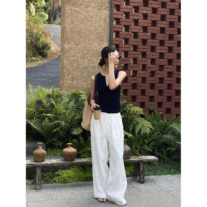 White cotton-linen wide-leg pants for women, 2026 spring-summer casual high-waisted drapey relaxed trousers