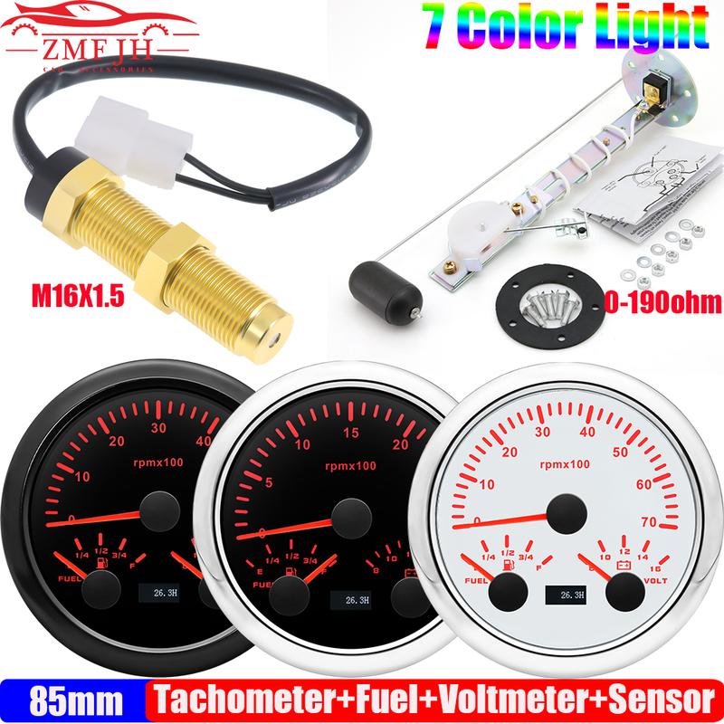 85mm Auto Car Gauge 3-in-1 Tachometer Fuel Level Voltmeter 7 Color Light Multimeter with Sensor 0-190ohm Boat/Yacht 12V