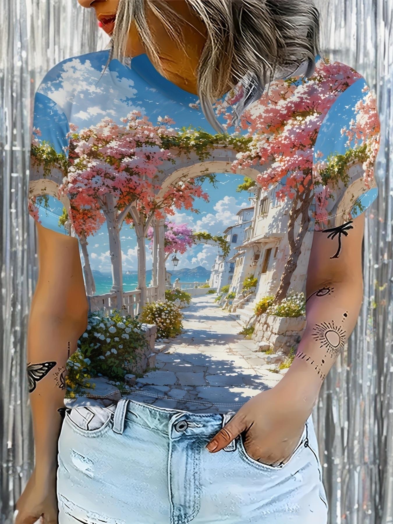 

3D Digital Print Round Neck Short Sleeve T-Shirt for Women. Perfect for Spring And Summer Beach Vacations 2XL дубильна кора