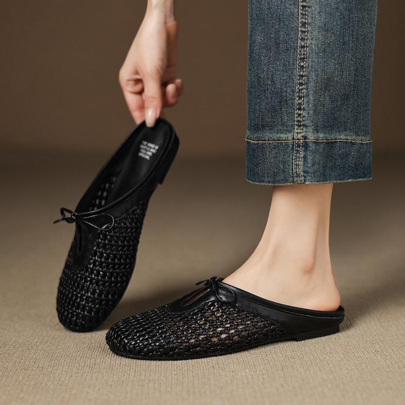 Fashion Women's new summer leather cowhide lace up bow, low heel, round head, hollowed out breathable toe, Mueller slippers